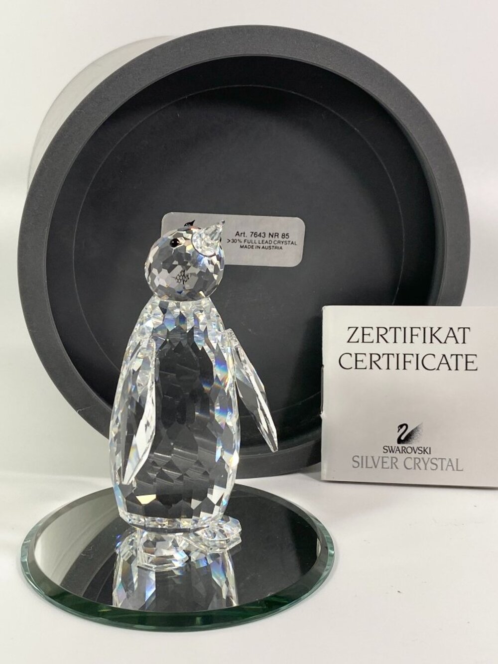 Rtd. SWAROVSKI Large Crystal 3 " Penguin Figurine Original Box , CoA , Mirror